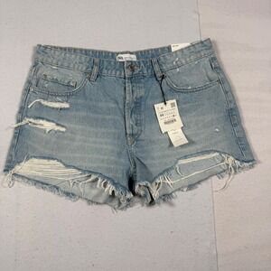 Zara Womens Distressed High Rise Denim Shorts Light Wash Blue Size 12 NWT
